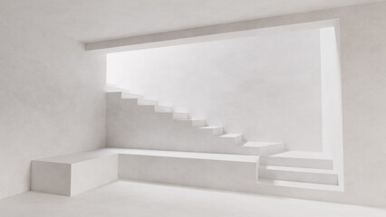 Stairs rise in a white room with a bright opening. Simple shapes create an open space. design shows a minimal and clean style often found in modern buildings. 3d render