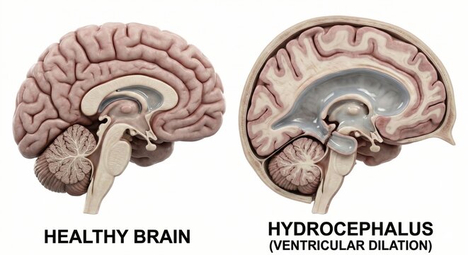 Anatomical comparison visualization displaying healthy brain alongside one with hydrocephalus showing massive ventricular dilation representing obstructive neurological pathology science
