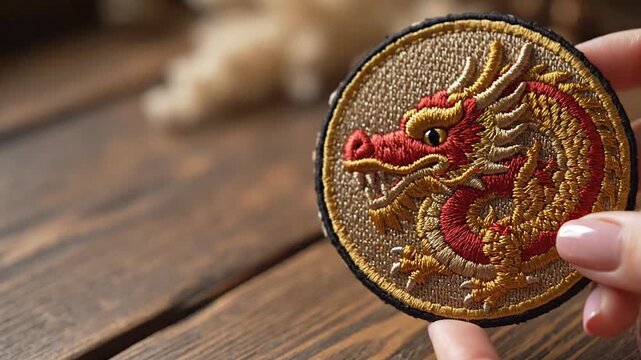 Dragon Embroidered Patch with Red and Gold Design Textile Art Craft Concept