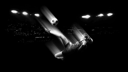 Soccer athlete performing bicycle kick with light trail motion effect in stadium for football advertising, sports promotion and athletic performance campaigns. © master1305