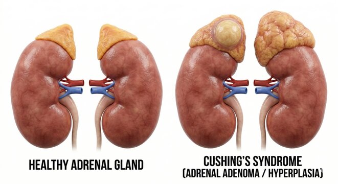 Anatomical comparison rendering showing healthy adrenal gland and gland afflicted by Cushing's syndrome adenoma growth representing overactive cortisol pathology clinical medicine