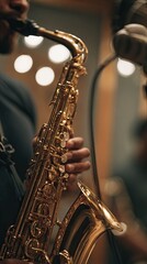 Obraz premium Man, saxophone and playing jazz in recording studio. Close-up. Banner. Bokeh.