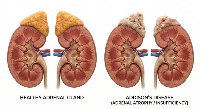 Anatomical comparison rendering displaying healthy adrenal gland alongside one afflicted by Addison's disease atrophy destruction representing adrenal insufficiency pathology clinical science