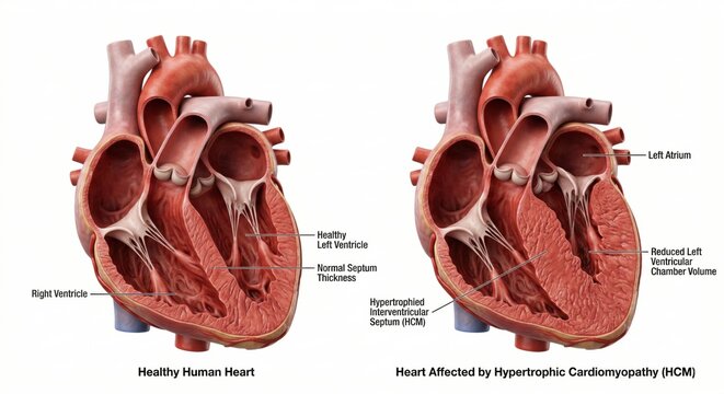 Hypertrophic cardiomyopathy comparison anatomy visualization exhibiting pathological thickening of left ventricular wall representing severe structural cardiovascular disease science