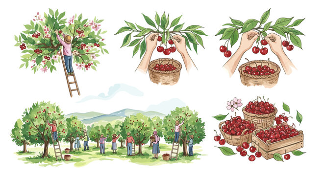 Cherry picking season in full swing with people harvesting ripe red cherries from trees