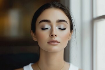Naklejka premium Young woman finding inner peace with closed eyes and serene expression, embracing mindfulness, wellness, and self care in a moment of calm meditation