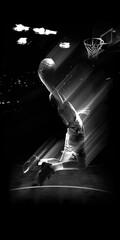 Basketball player performing slam dunk with light trail motion effect in arena used for sports advertising, basketball promotion and athletic campaigns. © master1305