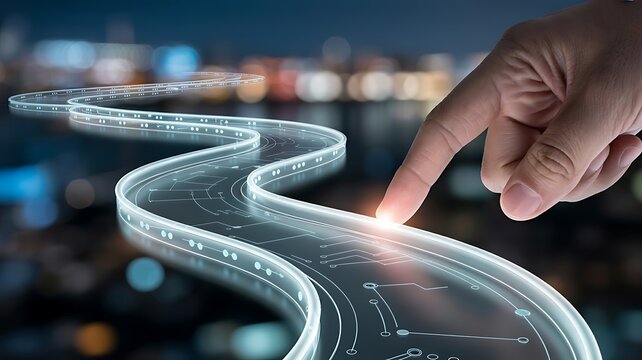 Finger touching glowing digital pathway road technology abstract concept futuristic innovation cityscape background