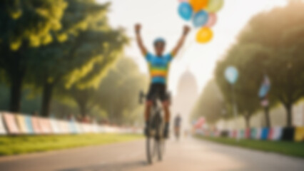 Obraz premium Blurred background of joyful cyclist celebrating World Bicycle Day, a young athletic rider wearing a colorful professional cycling jersey and helmet lifting a sleek modern road bicycle above their.