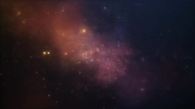 Wide view of a colorful galaxy nebula with stars and diffuse gas clouds blending orange, pink, purple and deep blue tones