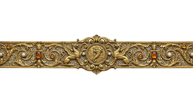 Antique gold ornamental frieze with mythical creatures and jewels on a, transparent background