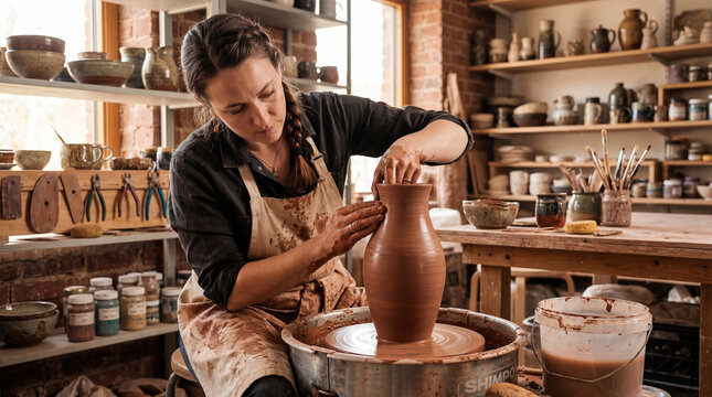 Potier fa&ccedil;onnant un grand vase en c&eacute;ramique sur un tour dans son atelier