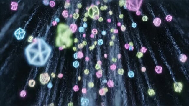 Colorful Geometric Shapes Falling Down with Water Droplets Dark Background Soft Glow Lighting Abstract Motion