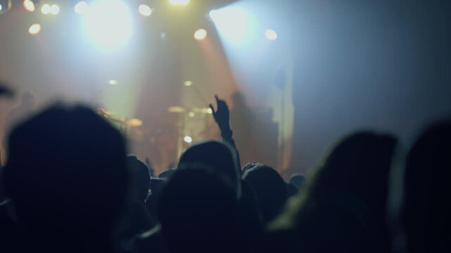 Silhouetted concertgoers raise hands, some making rock-on gestures, against a brightly lit stage with flashing lights. Captures the energetic atmosphere and enjoyment of a live music event