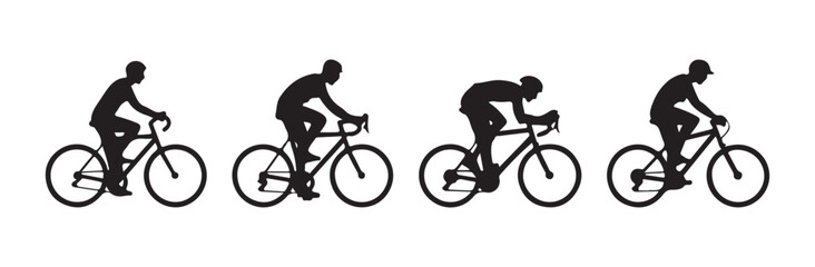 Obraz premium Silhouettes of cyclists in different riding positions on bikes