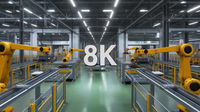 Modern industrial factory interior with symmetrical rows of yellow robotic arms along conveyor belts, glossy green floor, high ceilings with linear lights, large '8K' text in center