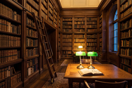 Biblioth&egrave;que en bois sombre avec &eacute;chelle coulissante et lampe verte