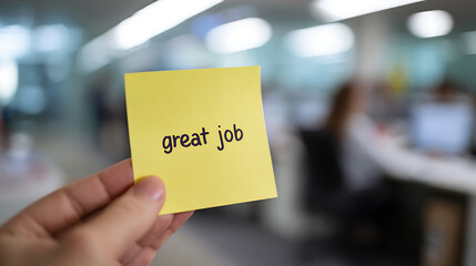 Inspiring Professional: Hand Hold Yellow Note Great Job Message. Business Success, Motivation, Achievement, Office Appreciation Concept