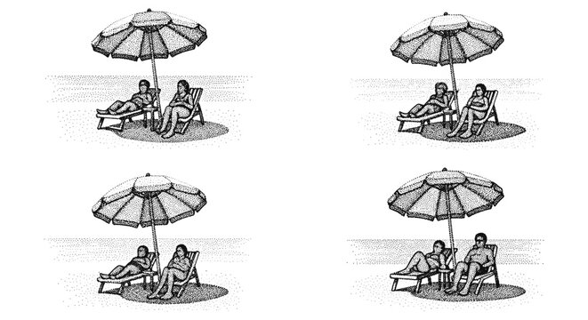 Couple relaxing on beach chairs under umbrella, enjoying a sunny day at the seaside