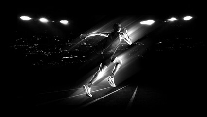 Obraz premium Sprinter accelerating with light trail motion effect on stadium track used for athletics advertising, sports marketing and performance training campaigns.