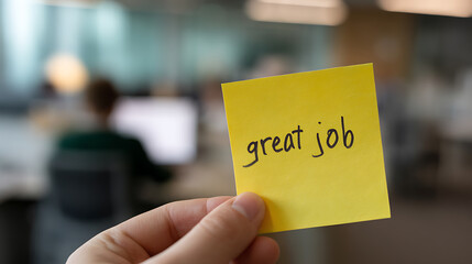 Inspiring Professional Achieves Success, Receives Encouragement with "Great Job" Message on Yellow Sticky Note in Modern Office with Soft Lighting