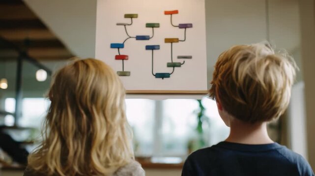 Two children with blonde hair are standing indoors, facing a colorful abstract chart on the wall. The scene captures curiosity and learning in a modern, bright environment