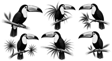 Fototapeta premium Six stippled toucans perched on branches with tropical foliage, black and white illustration
