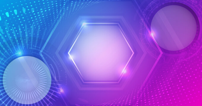 Futuristic technology background with glowing hexagon frame, digital circles, and abstract data waves in blue and purple gradient, representing innovation, digital networks, and modern tech interface.