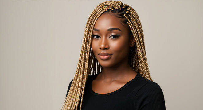 Portrait of a young African American woman with long blonde box braids. Smiling black female model with braided hairstyle on beige background. Hair salon concept