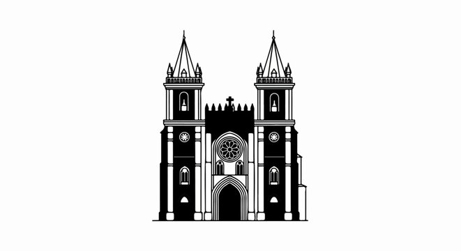 A black and white illustration of a grand cathedral with two tall towers and a rose window