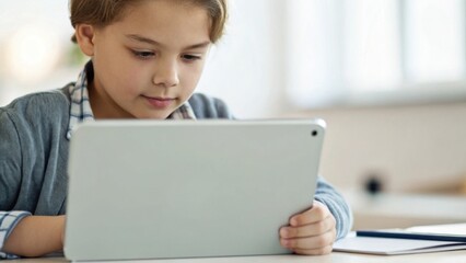 A young girl intently uses a tablet device while seated at a desk in a brightly lit room.