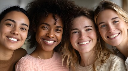 Obraz premium Four smiling women embrace in warm, close-up portrait