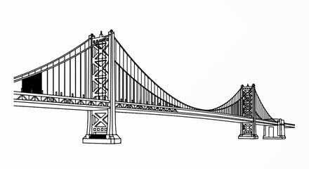Fototapeta premium A black and white sketch of a suspension bridge with two towers and cables spanning a gap