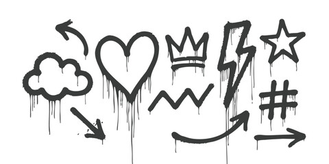 Set of black graffiti spray paint icons including heart cloud crown and star on white background ©  Designer