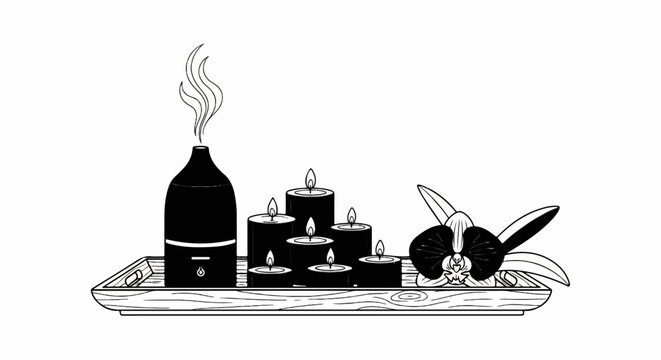 A black diffuser emits steam beside lit candles and an orchid on a wooden tray