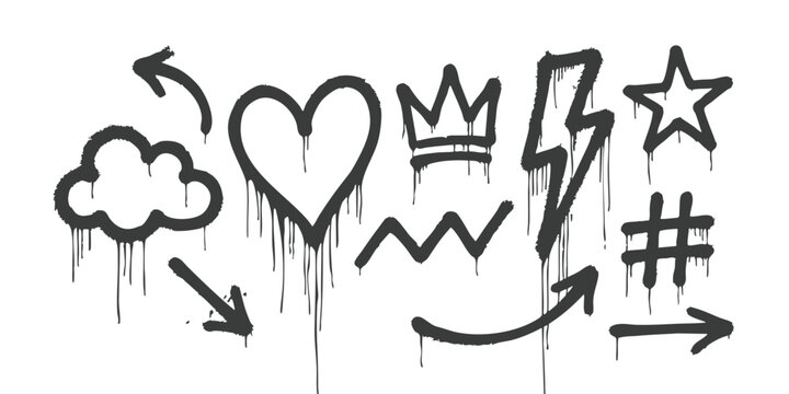 Set of black graffiti spray paint icons including heart cloud crown and star on white background