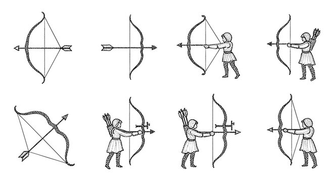 Collection of historical archery illustrations showing bows, arrows, and archers in action