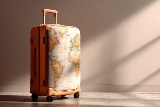 Minimal suitcase with travel icons representing journey, vacation planning and modern travel lifestyle