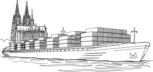 Fototapeta premium A large cargo ship loaded with containers sails on wavy water near a gothic cathedral