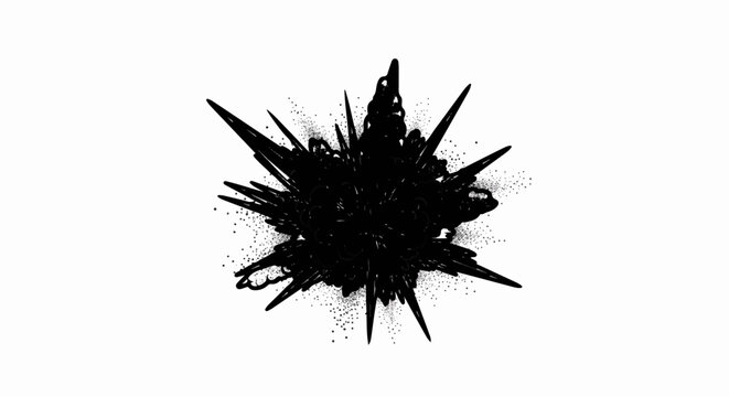 Abstract black spiky starburst with granular texture on white background