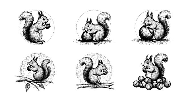 Six charming dot art illustrations of squirrels holding nuts in various poses