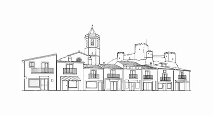 Fototapeta premium A line drawing of a European town featuring a church, castle, and shops
