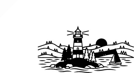 Fototapeta premium A coastal scene with a lighthouse, trees, sailboat, and rolling hills under a dark sun