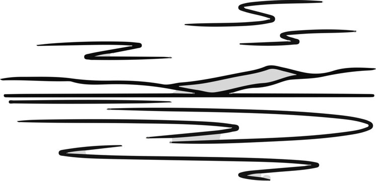 Abstract representation of a serene lake reflecting a solitary mountain peak and wispy clouds