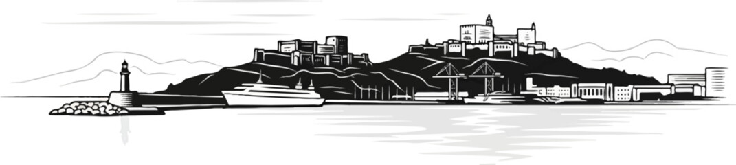 Obraz premium A monochrome panoramic view of a harbor with a lighthouse, a large vessel, and buildings on a hill