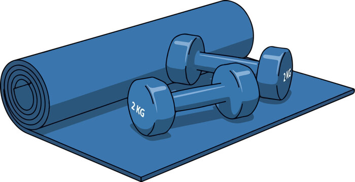 Blue exercise mat with two 2kg dumbbells, ready for a workout