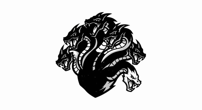 A striking black and white illustration of a multi-headed serpent