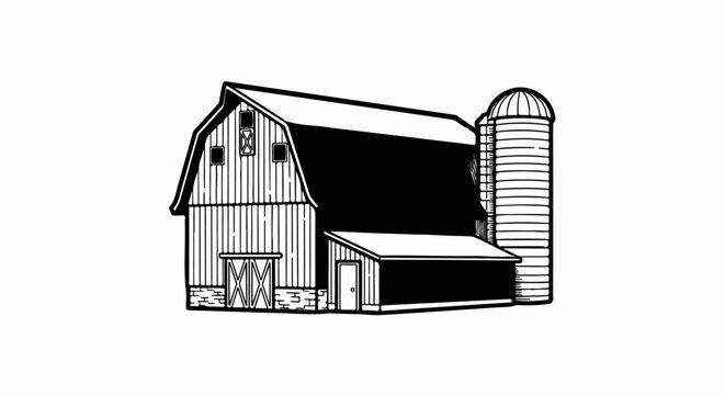 A rustic barn with an attached silo and a small lean-to structure