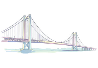 Fototapeta premium Suspension bridge illustration with pastel colors over a calm body of water