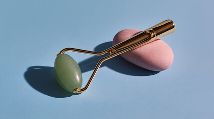 Obraz premium Gold and green stone face massager tool, a beautiful beauty accessory for skin care, spa, and cosmetic treatments. Skincare essentials